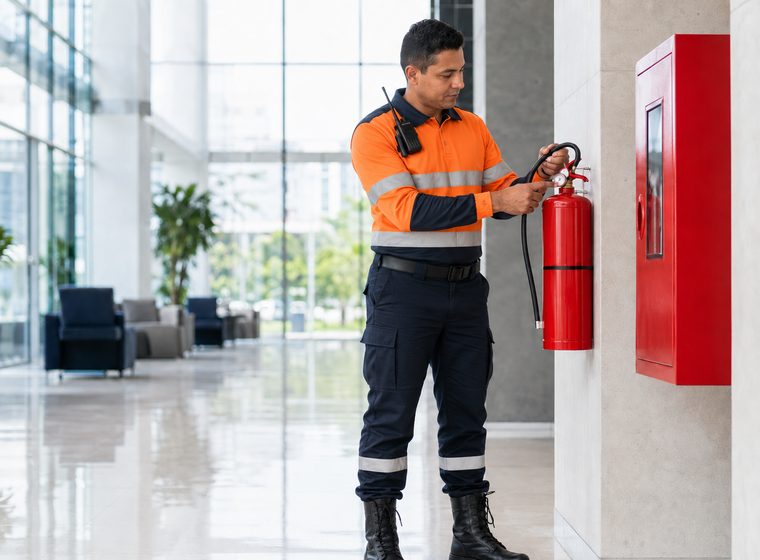 Brigadista da Caiafa Facilities inspecionando extintor em hall corporativo