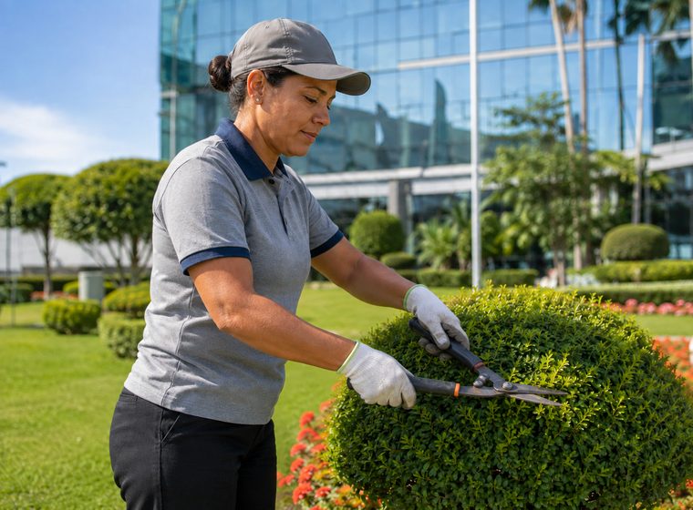 Jardineira da Caiafa Facilities podando arbusto em jardim corporativo