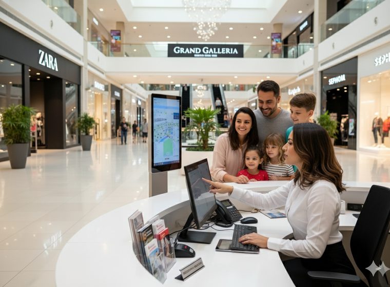 Recepcionista em balcão de atendimento corporativo